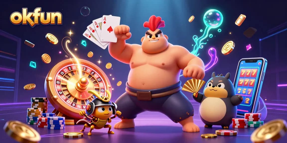 Engage in thrilling online gaming with okfun's vibrant casino atmosphere featuring dynamic characters and elements.