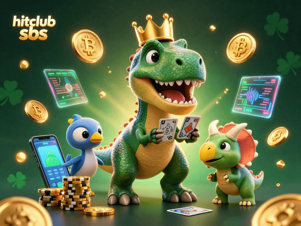 Engage in thrilling gameplay with hitclub sbs as T-Rex shuffles cards in a vivid casino scene.