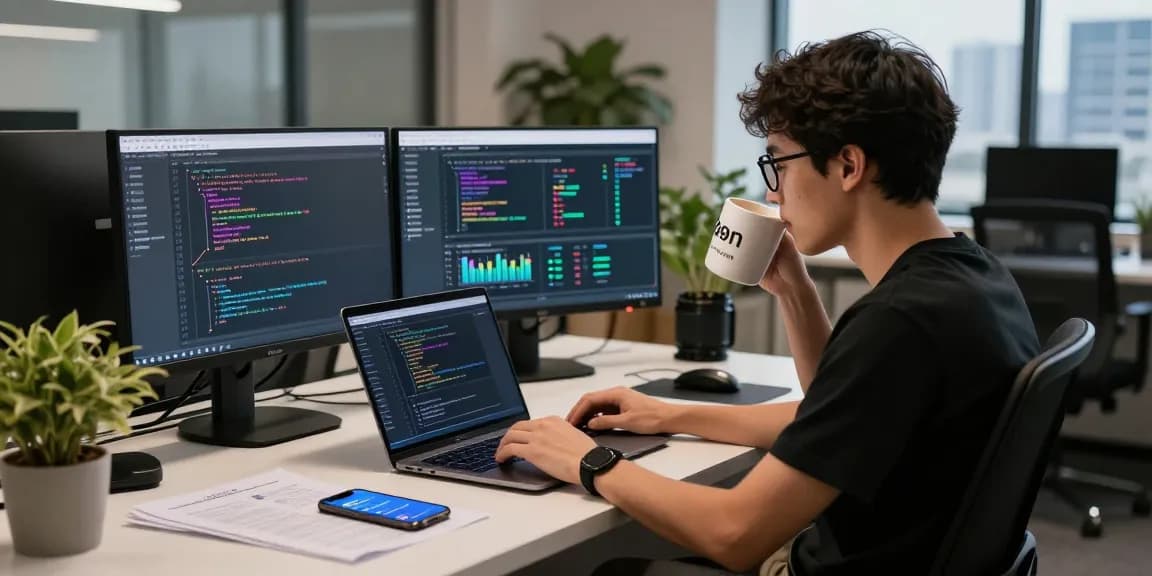 快连 network service coding workspace with monitors and coffee, conveying productivity.