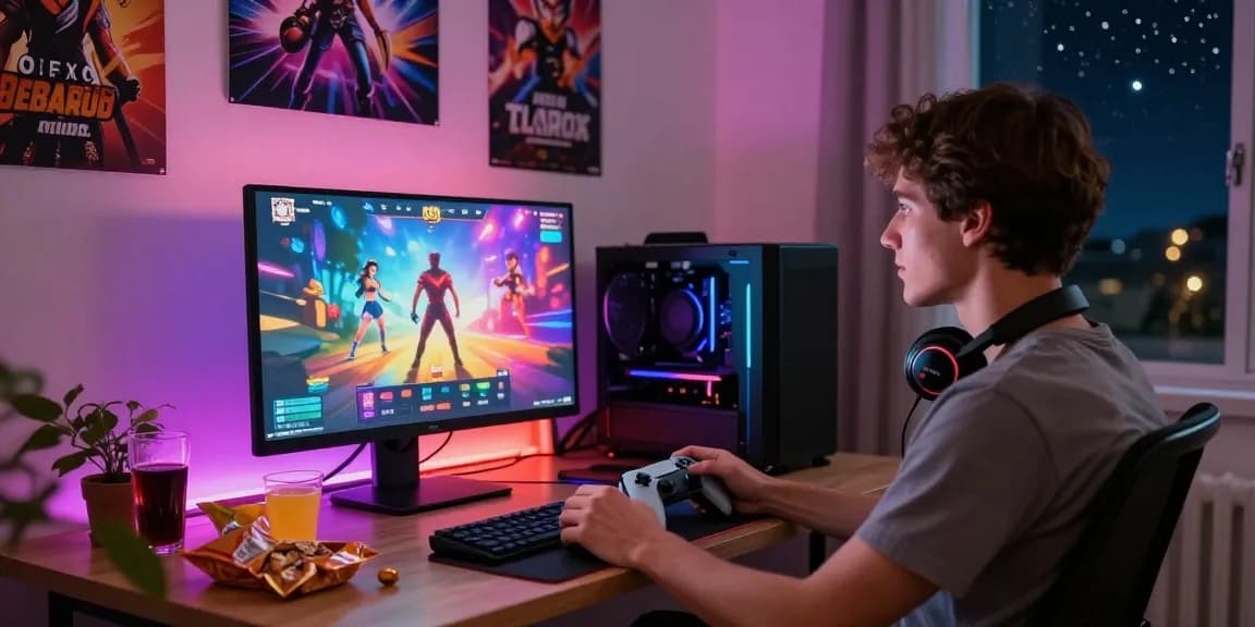 Enjoying HTML porn games in a cozy bedroom gaming setup with vibrant LED lights.