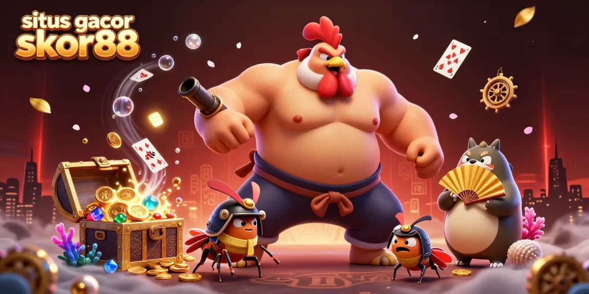 Situs gacor skor88 showcases a powerful rooster sumo wrestler amidst vibrant casino elements, creating an exciting gambling atmosphere.