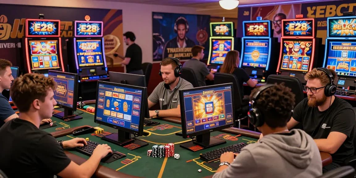 Players experiencing the E28 online casino with excitement and interaction in a vibrant gaming atmosphere.