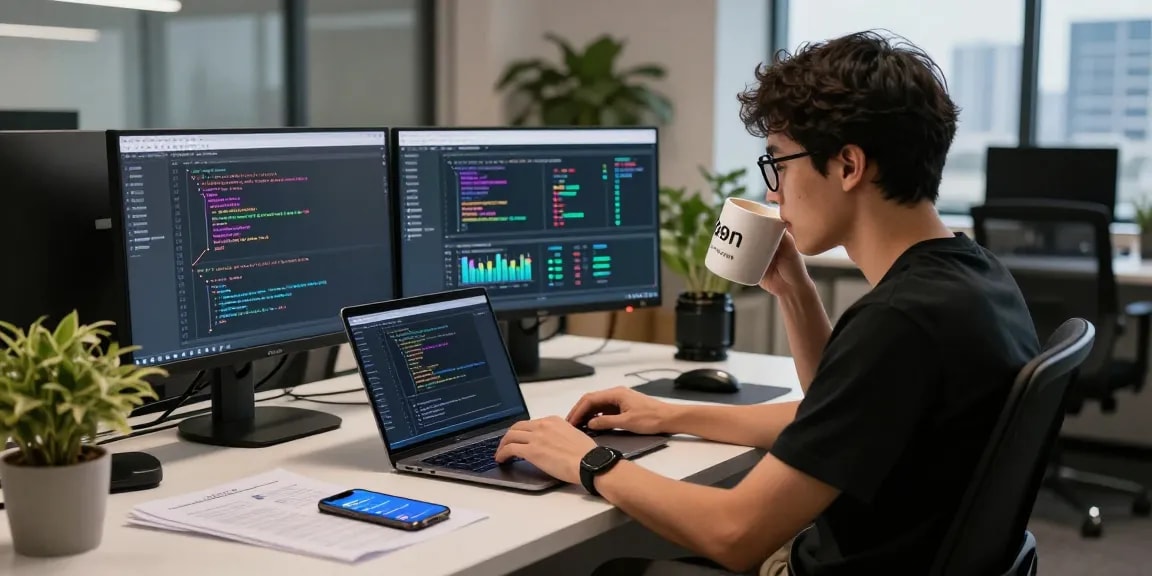 快连 network service coding workspace with monitors and coffee, conveying productivity.