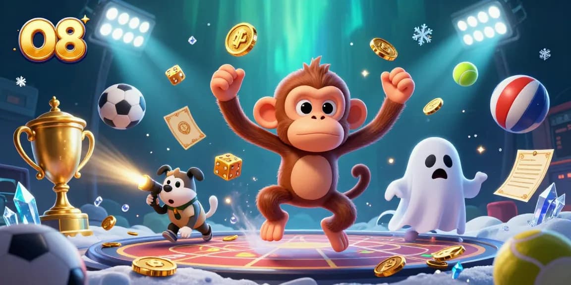 Experience O8's dynamic gambling atmosphere with a playful poltergeist monkey and a curious puppy illuminating the haunted casino.