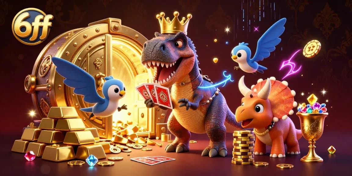 Experience thrilling gameplay at 6ff, featuring a T-Rex and friends engaged in card games amidst golden treasures.