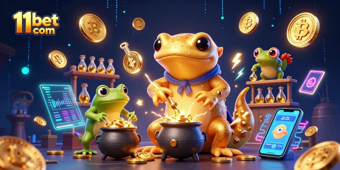Experience the magic of 11bet com with captivating alchemy and digital currency elements in a vibrant casino scene.
