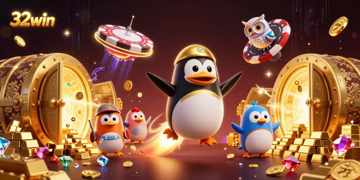 Experience winning thrills at 32win as the golden penguin accelerates towards the giant poker chip casino.