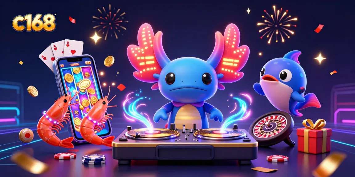 Join the excitement at c168 with neon-themed characters and vibrant casino elements!