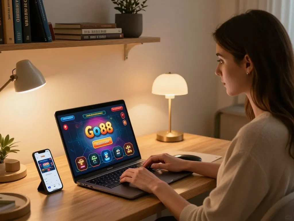 Play Go88 casino games on a laptop in a cozy home setup, showcasing responsible gaming
