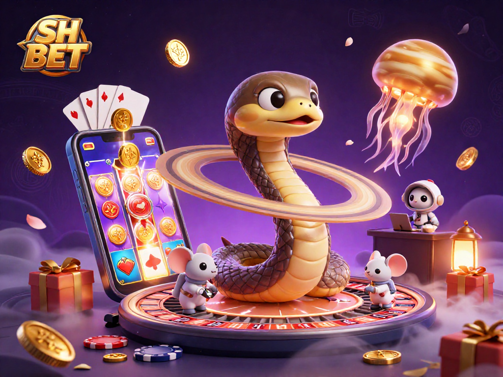 Experience thrilling bets with SH BET in a vibrant cosmic casino scene featuring playful characters and gaming elements.