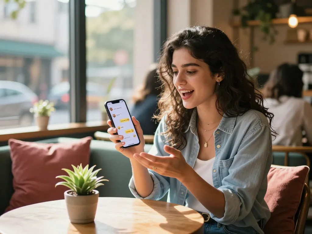 Young woman joyfully chatting with her AI gf on smartphone in a cozy café.