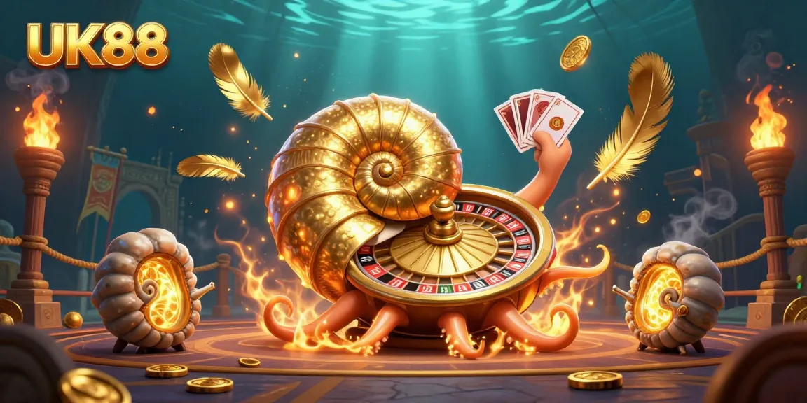 Engage with UK88's thrilling casino games featuring a vibrant 3D ancient nautilus and dazzling casino elements.