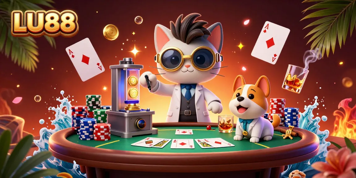 Experience thrilling gaming at LU88 with a vibrant scene of a mad scientist cat and loyal dog by a poker table.