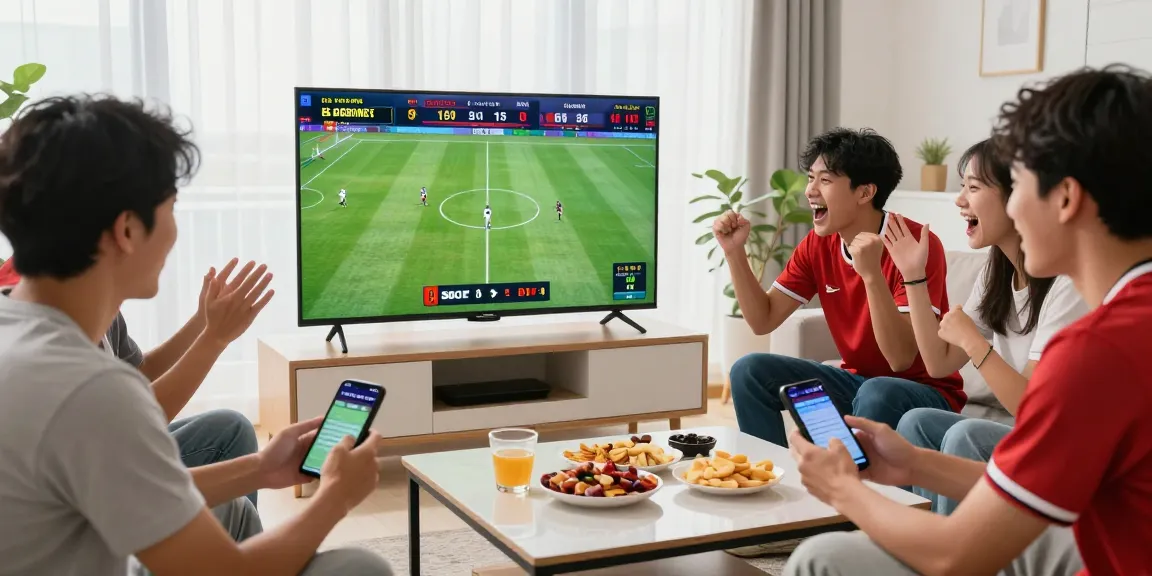 SBOBET Malaysia friends enjoying football betting while checking live odds on mobile devices in a bright living room.