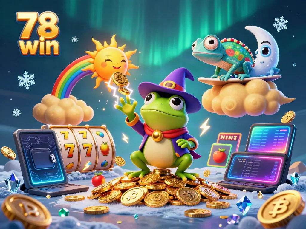Experience the thrill of 78 win with vibrant coins and colorful gaming elements in a dynamic scene.
