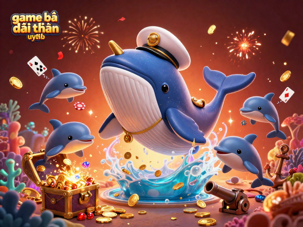 Engage with game bài đổi thưởng uy tín featuring a vibrant scene of playful sea creatures amidst swirling coins and cards.