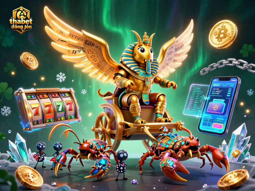 Engage with the vibrant casino experience featuring thabet đăng nhập, golden scarab and slot games amidst crypto elements.