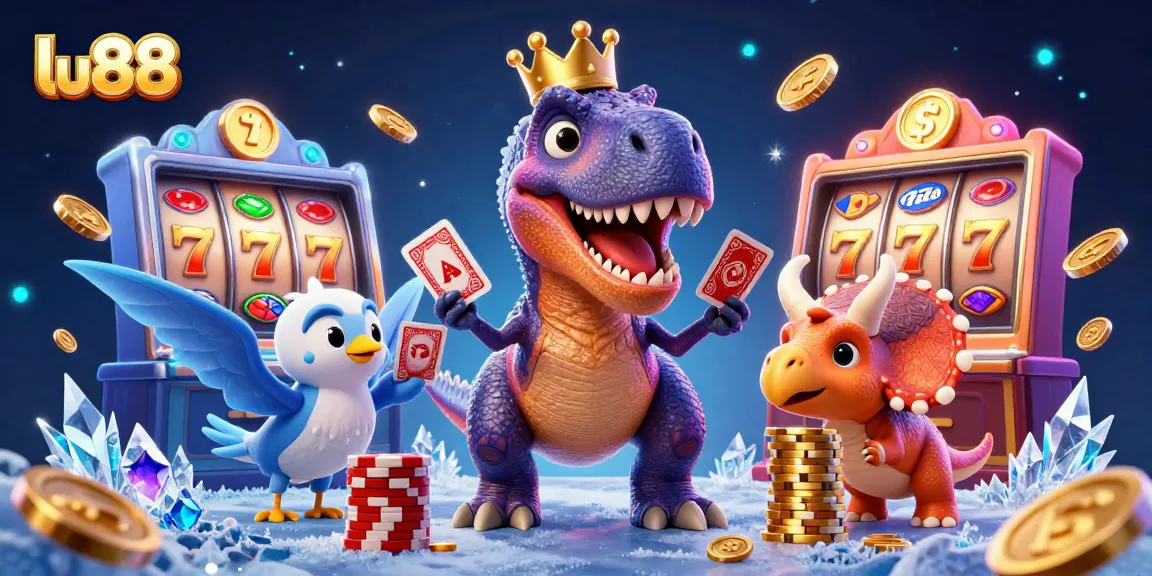 Experience the thrill of gaming with lu88 as a T-Rex and friends shuffle cards and stack chips in this vibrant casino scene.