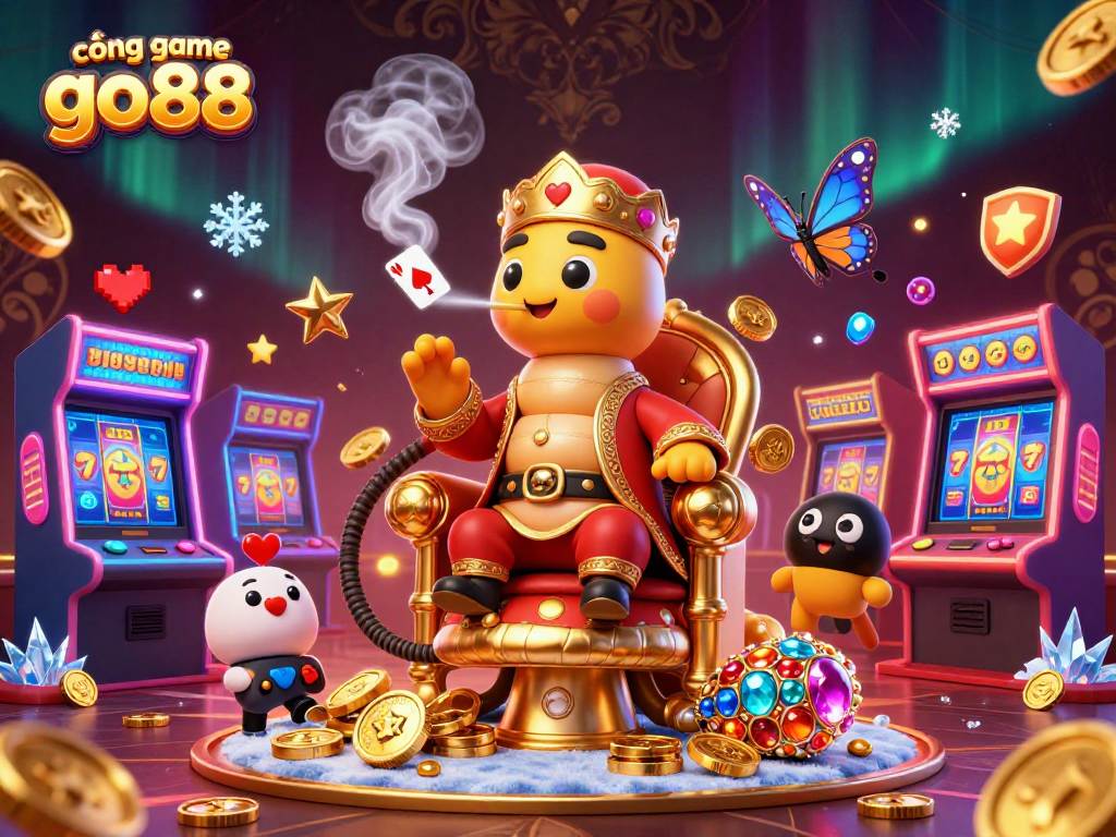 Experience thrilling gameplay with cổng game go88, featuring a whimsical 3D illustration of a hookah-master and dynamic casino elements.