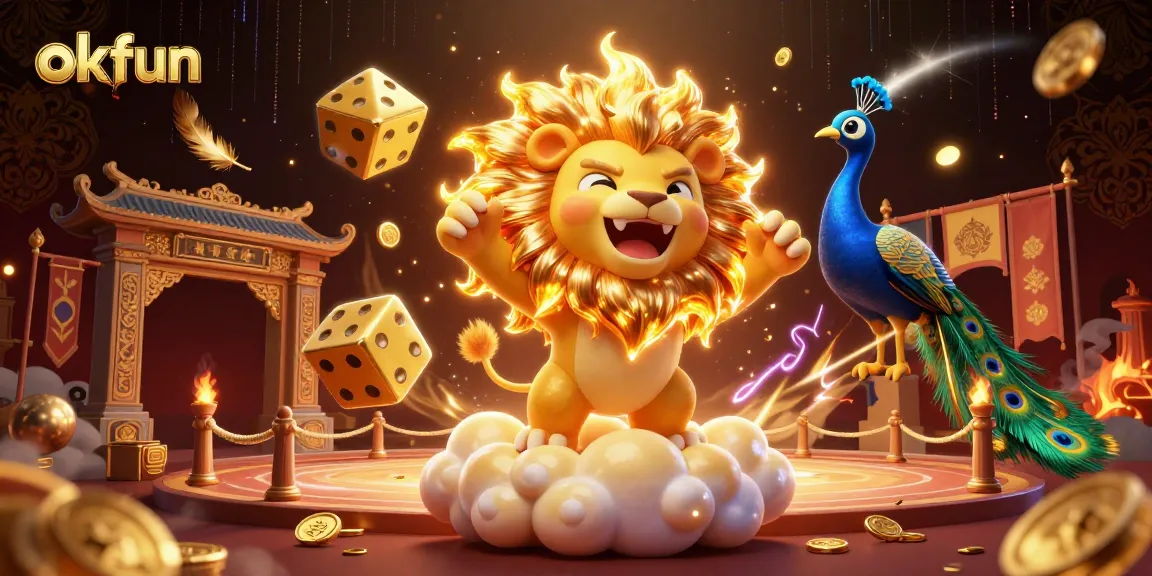 Experience the thrill of okfun with a dynamic 3D casino illustration featuring vibrant game elements.