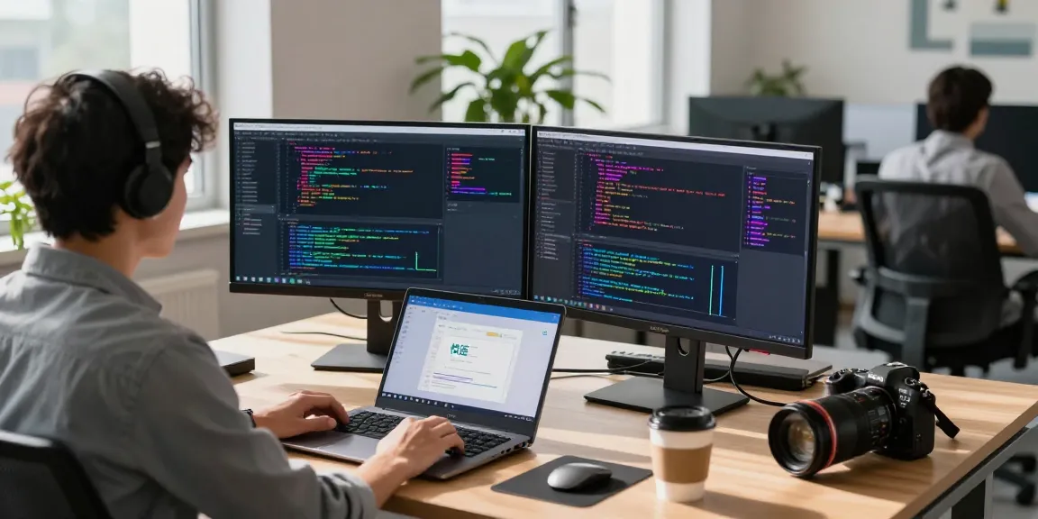 Developer working on 快连 network optimization in a modern tech office, bright and focused workspace.