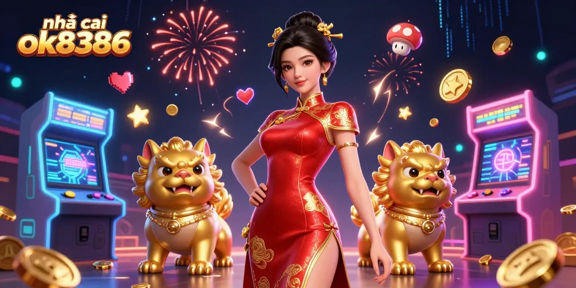 Engage with casino games at nhà cái ok8386, featuring vibrant arcade elements and a glamorous 3D scene.
