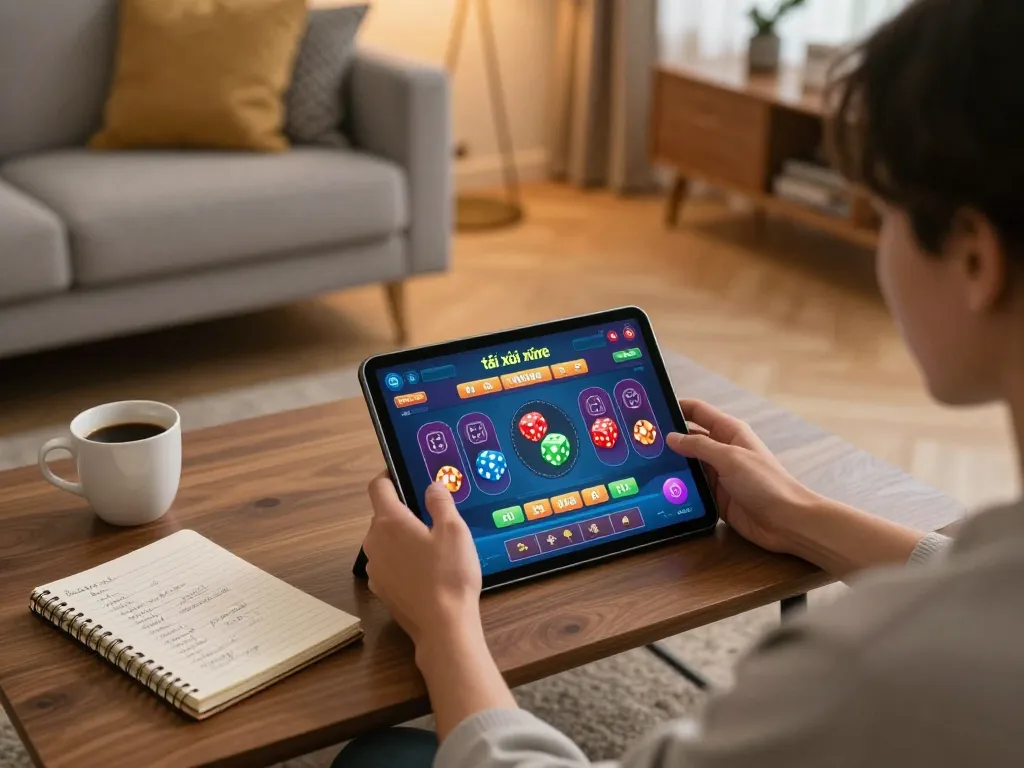 Playing the app tài xỉu online on a tablet in a cozy living room, showcasing gaming strategies.