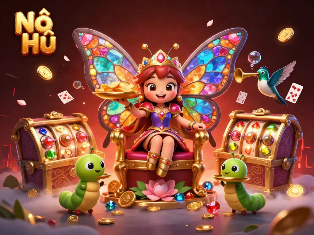 Experience Nổ Hũ with the vibrant butterfly queen in a dynamic casino scene filled with treasures and excitement.