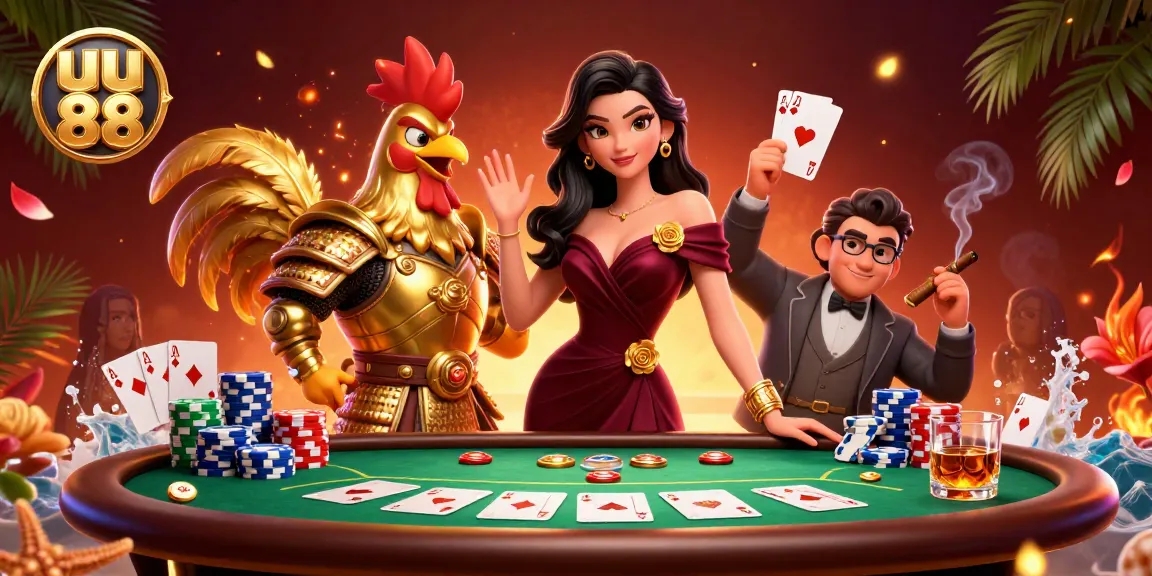 Bet big with uu 88 at an exciting poker table with glamorous characters and vibrant casino elements.