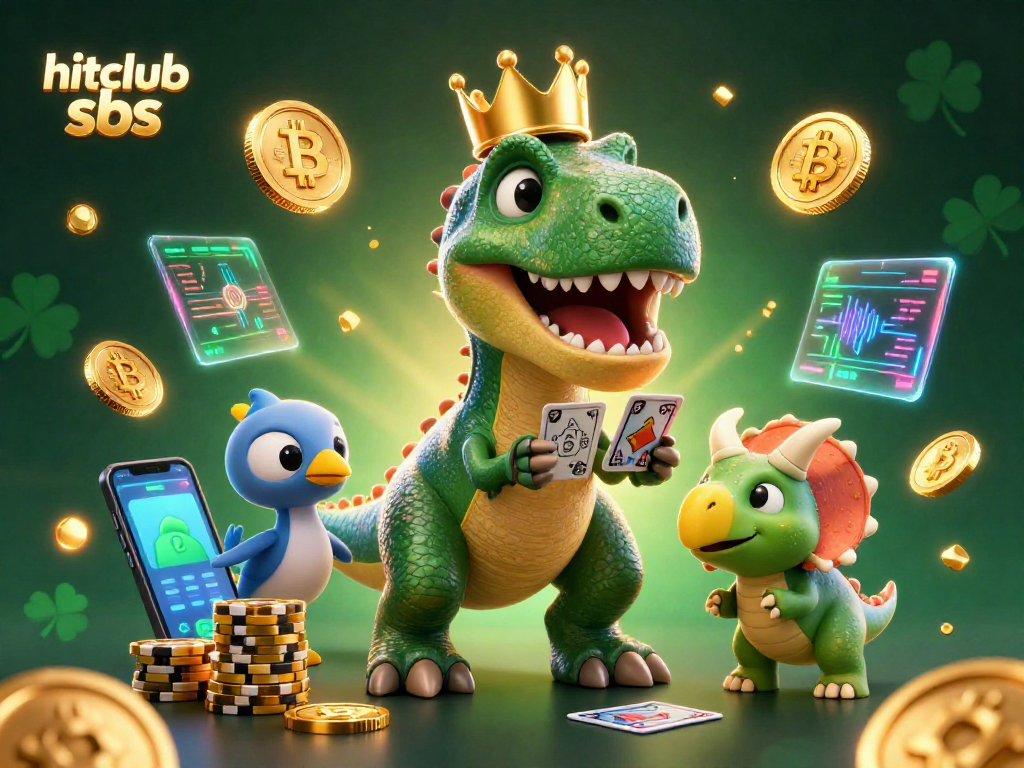 Engage in thrilling gameplay with hitclub sbs as T-Rex shuffles cards in a vivid casino scene.