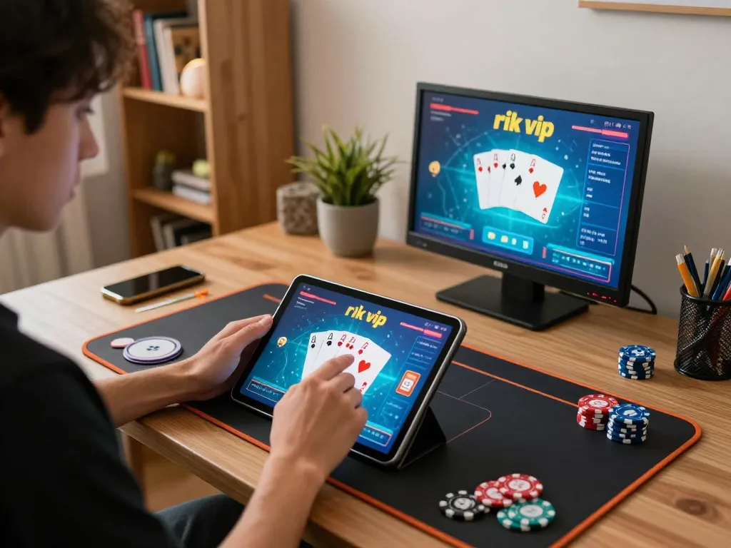 Engaging gaming session at rik vip with vibrant poker graphics on tablet screen