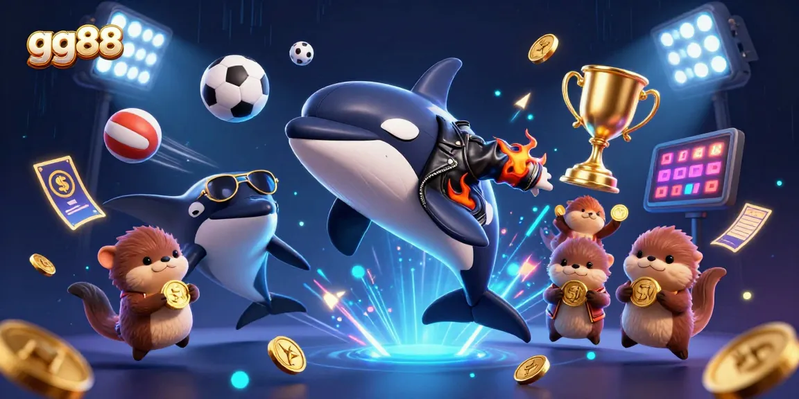 Experience the thrills of gg88 with an orca, stingray, and sea otters amidst vibrant gaming elements.