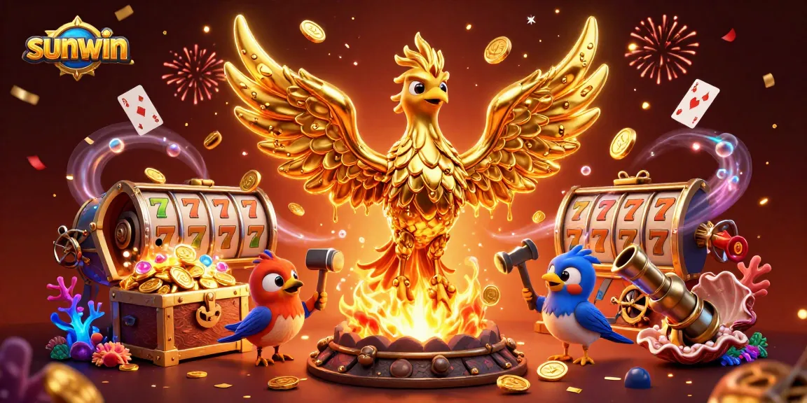 Engage in thrilling gameplay with sunwin's vibrant casino scene featuring golden phoenix and slot elements.