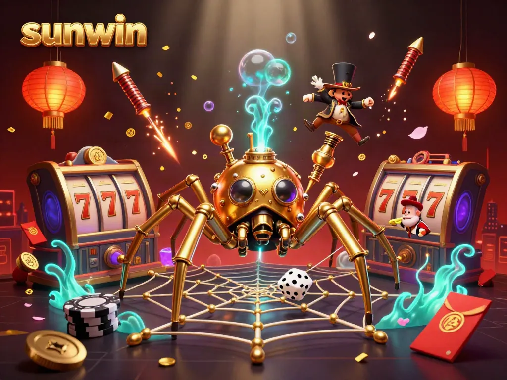 Catch a lucky win with sunwin's vibrant steampunk spider web trapping dice and poker elements.