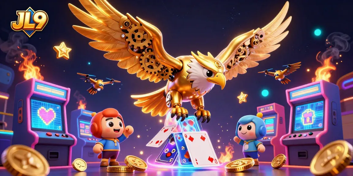 JL9's vibrant casino scene features a cybernetic golden eagle soaring amidst holographic cards and gaming machines.