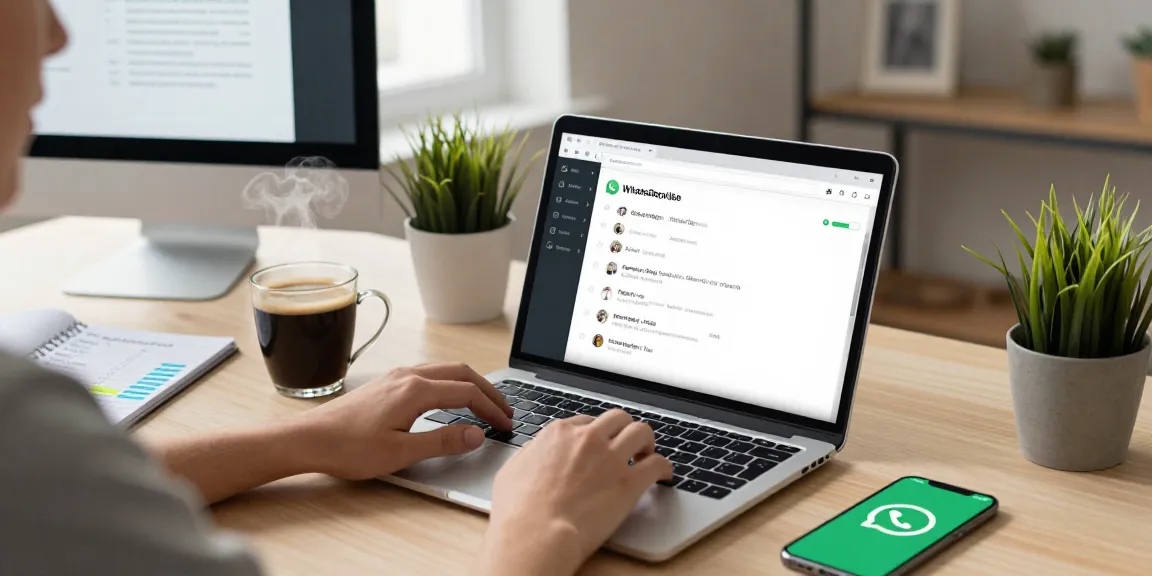 Using WhatsApp網頁版 on a laptop in a stylish home office, showcasing seamless communication and productivity.