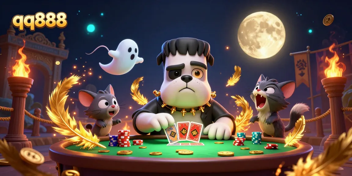 qq888 capturing the thrill of online gambling with a 3D cartoon casino scene featuring whimsical characters