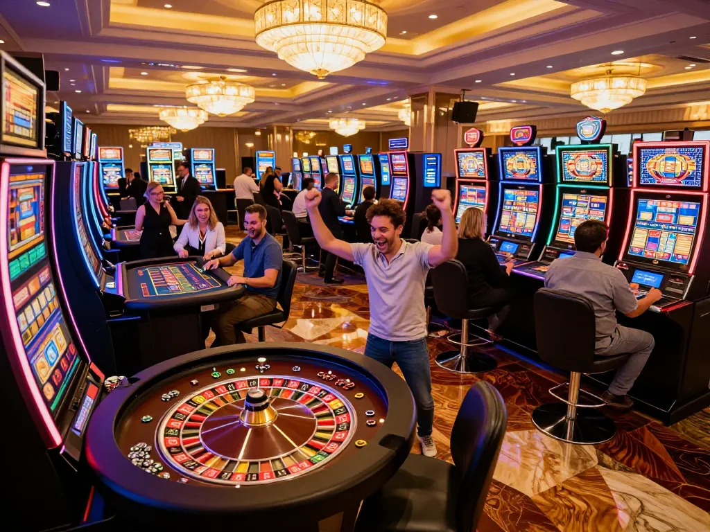 Players celebrating a win at the b52 casino, with a vibrant roulette wheel and slot machines in action