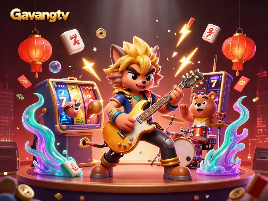 Experience thrilling games at Gavangtv with vibrant slots, rock star wolf, and festive decorations.
