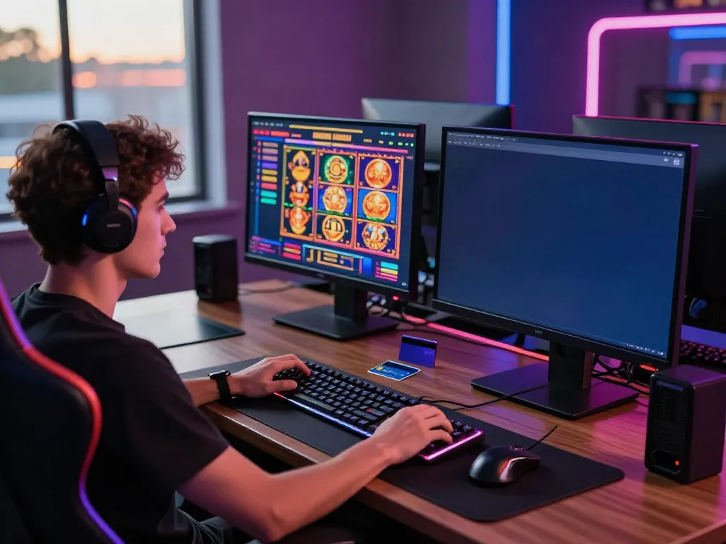 Online casinos that accept credit cards in an engaging gaming workspace with vibrant colors and tech.