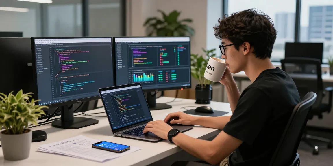 快连 network service coding workspace with monitors and coffee, conveying productivity.