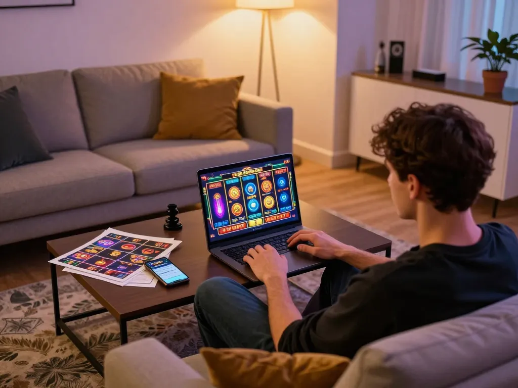B52 online gamer strategizing with laptop and notes while playing slots at home