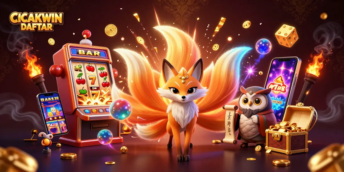 CICAKWIN DAFTAR showcases a vibrant 3D illustration of a nine-tailed fox and wise owl amidst a casino jackpot scene.