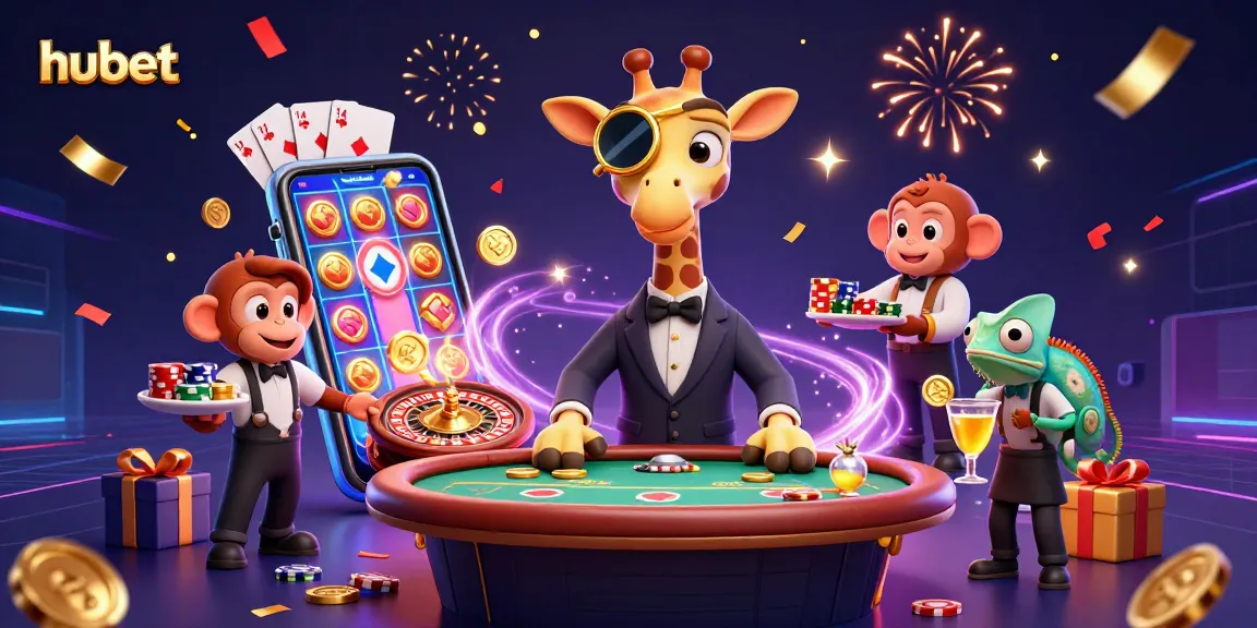 Experience the thrill of hubet with a high-roller giraffe enjoying victory at a vibrant casino scene.