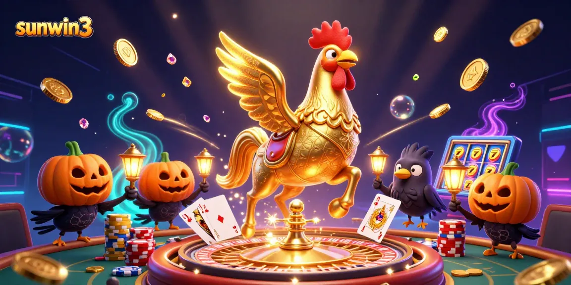 Join the thrilling action of sunwin3 with a golden rooster, shining coins, and enchanting magic in a midnight casino.