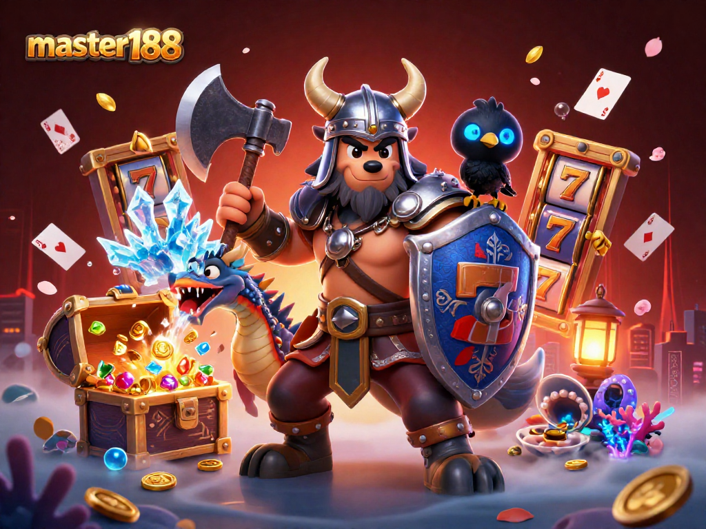 Experience master188's thrilling slots with a Viking wolf warrior and dragon in a vibrant 3D scene.