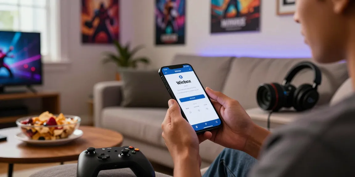 Winbox mobile login on a smartphone in a cozy gaming setup with snacks and posters.