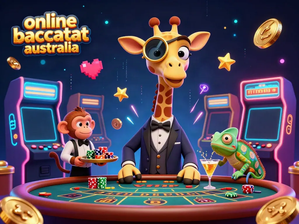 Experience the excitement of online baccarat Australia with a high-roller giraffe and vibrant casino elements.