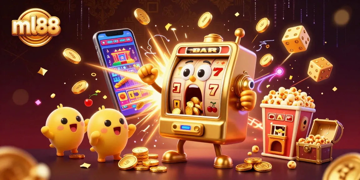 Spin the jackpot with ml88’s animated golden slot machine and cheering companions in a vibrant casino scene.