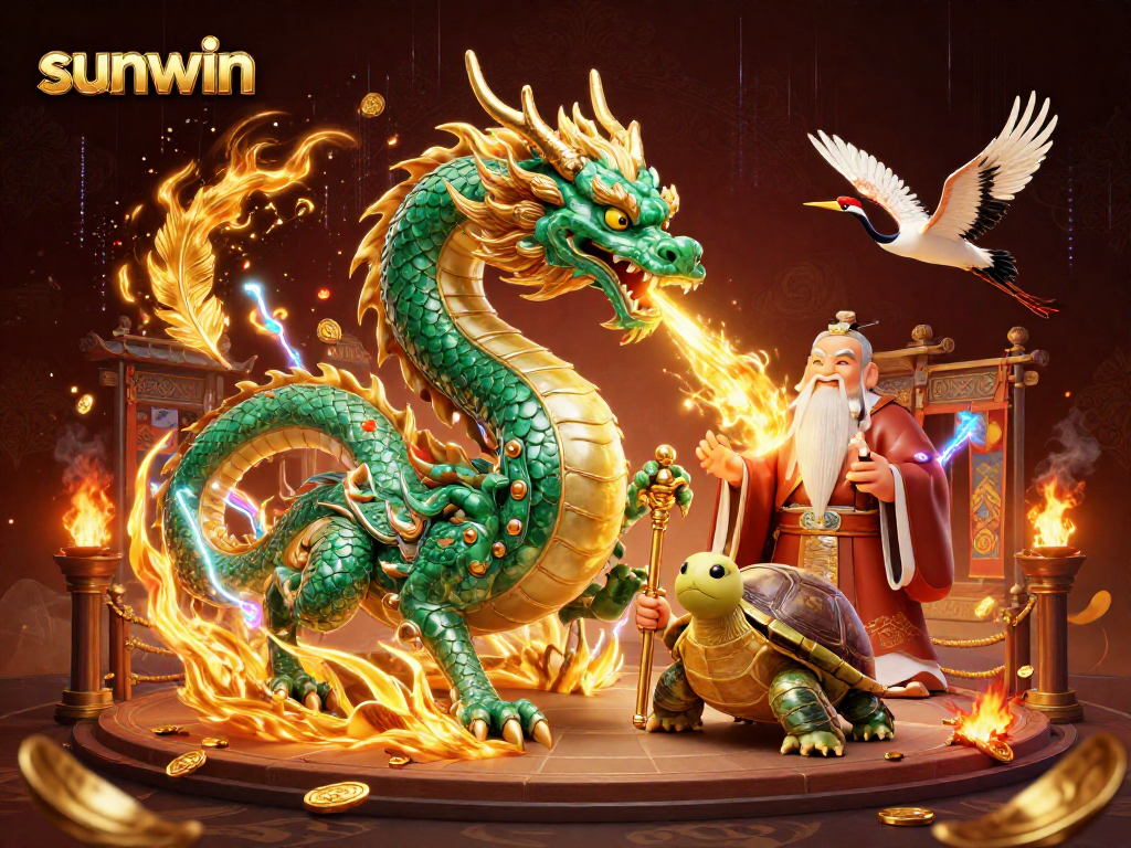Experience thrilling gameplay at sunwin with a vibrant dragon, turtle sage, and cranes illustration!